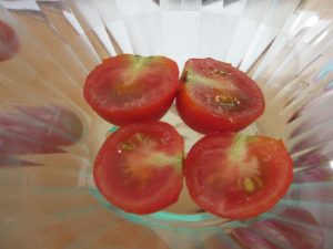 お皿の上に収穫したミニトマトがのっています